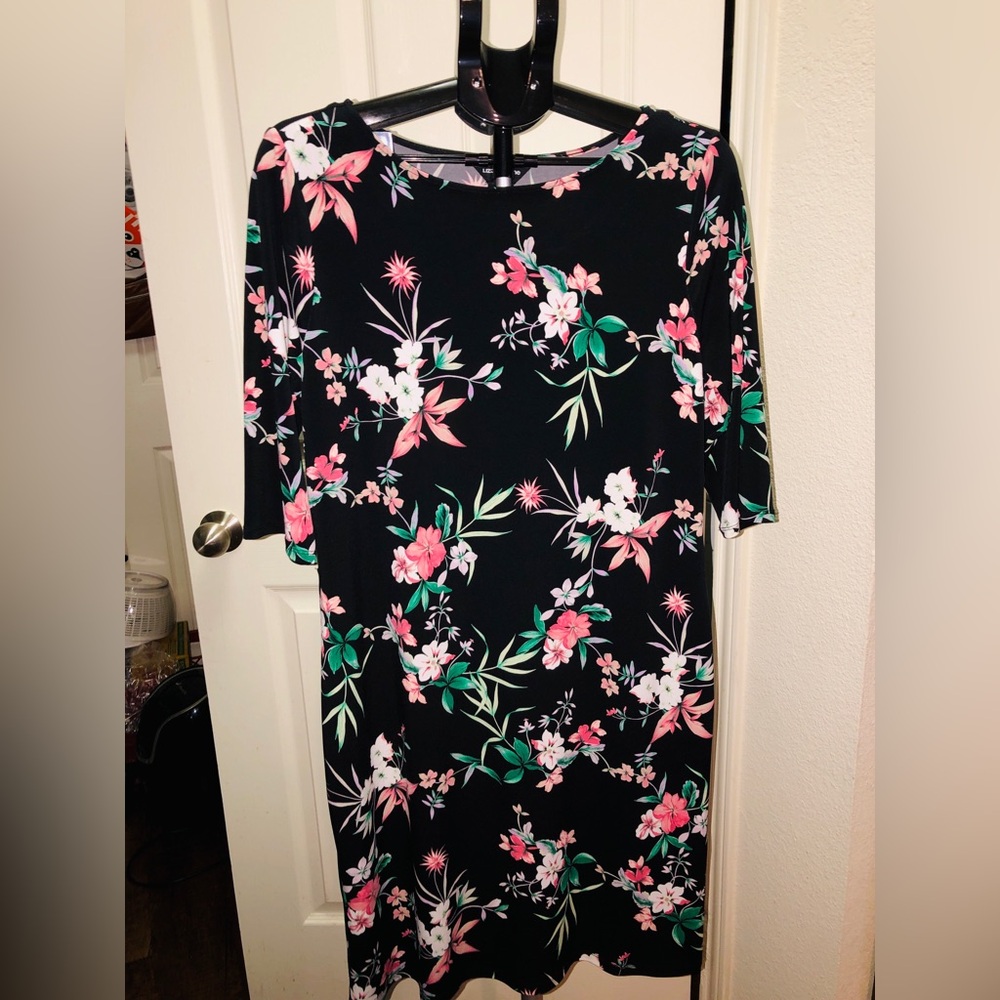 Liz Claiborne Black Midi Dress with Pink & Green Floral Print